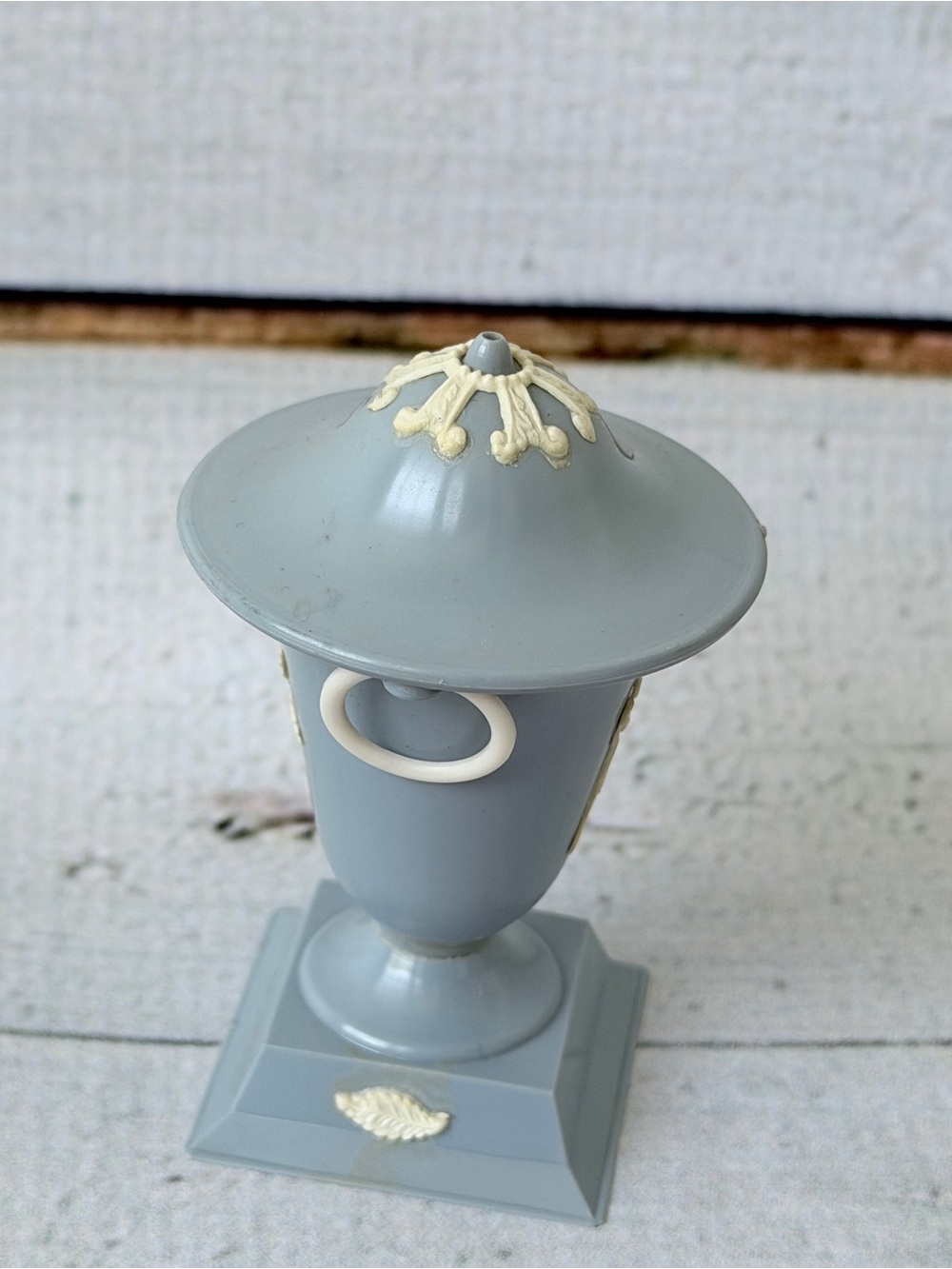 Pair of Gray Decorative Covered Urns with Cream Relief Accents - Picture 5 of 15